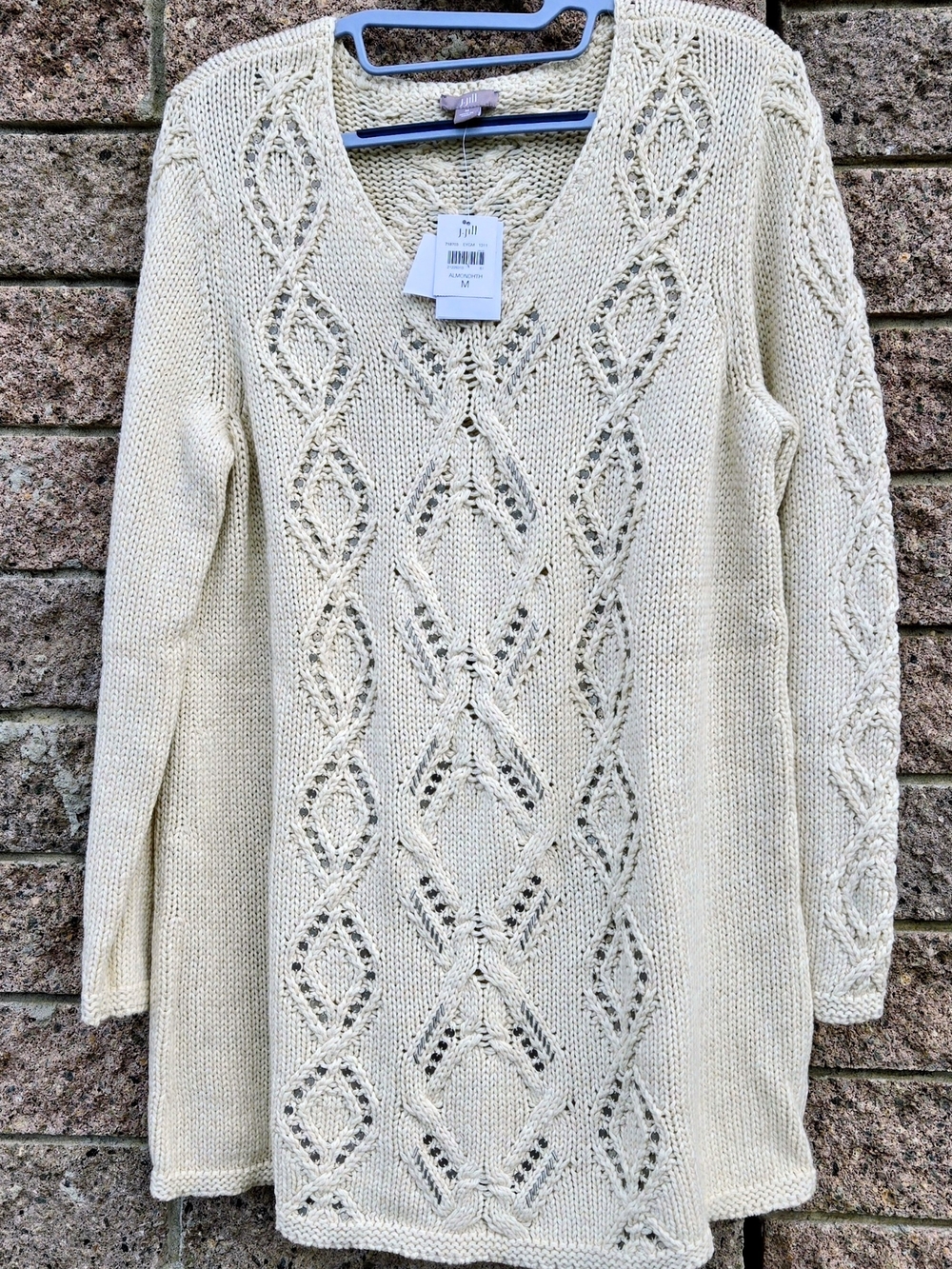 J. Jill Cream Openwork Cable V-Neck Sweater - Picture 1 of 4